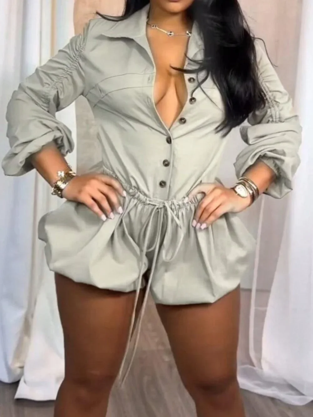 Light Grey Party Women's Button Ruched Long Sleeve Drawstring Playsuit